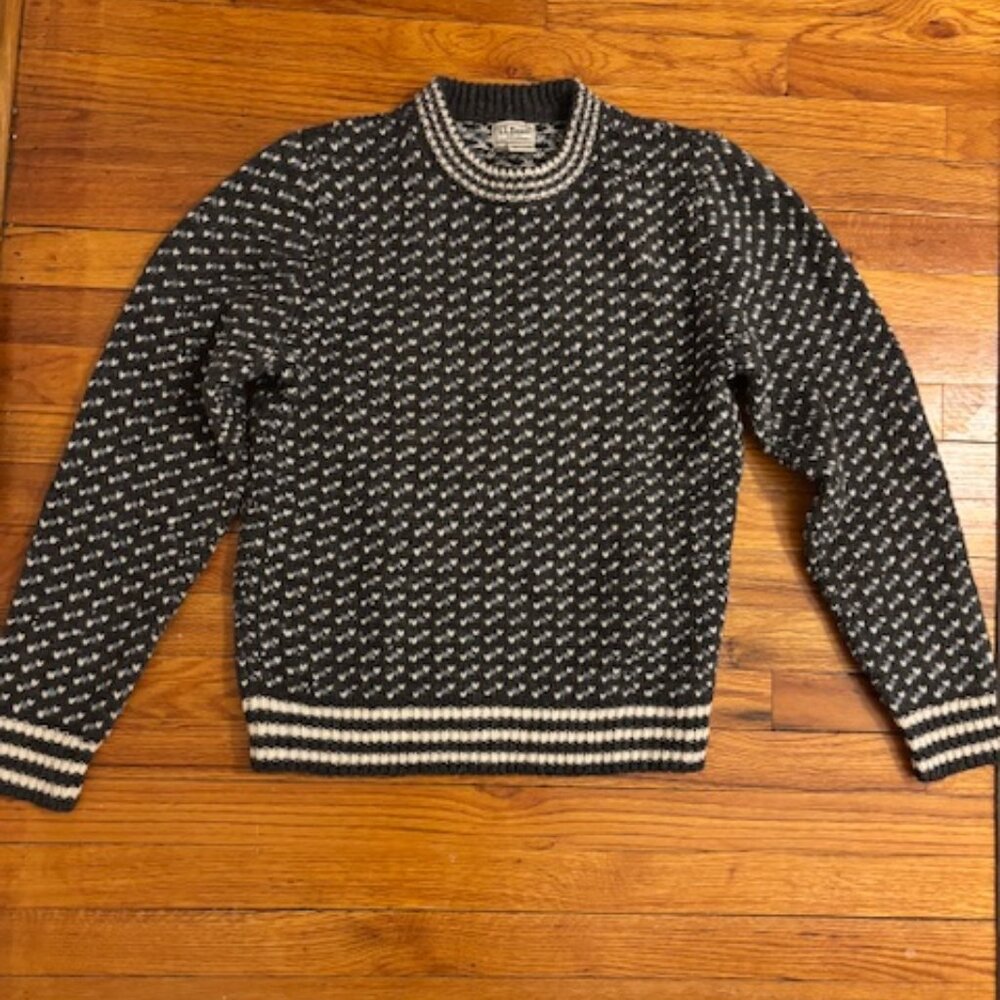 LL Bean Classic Rag Wool Sweater Birdseye Sweater Grey / White / Blue Size Small